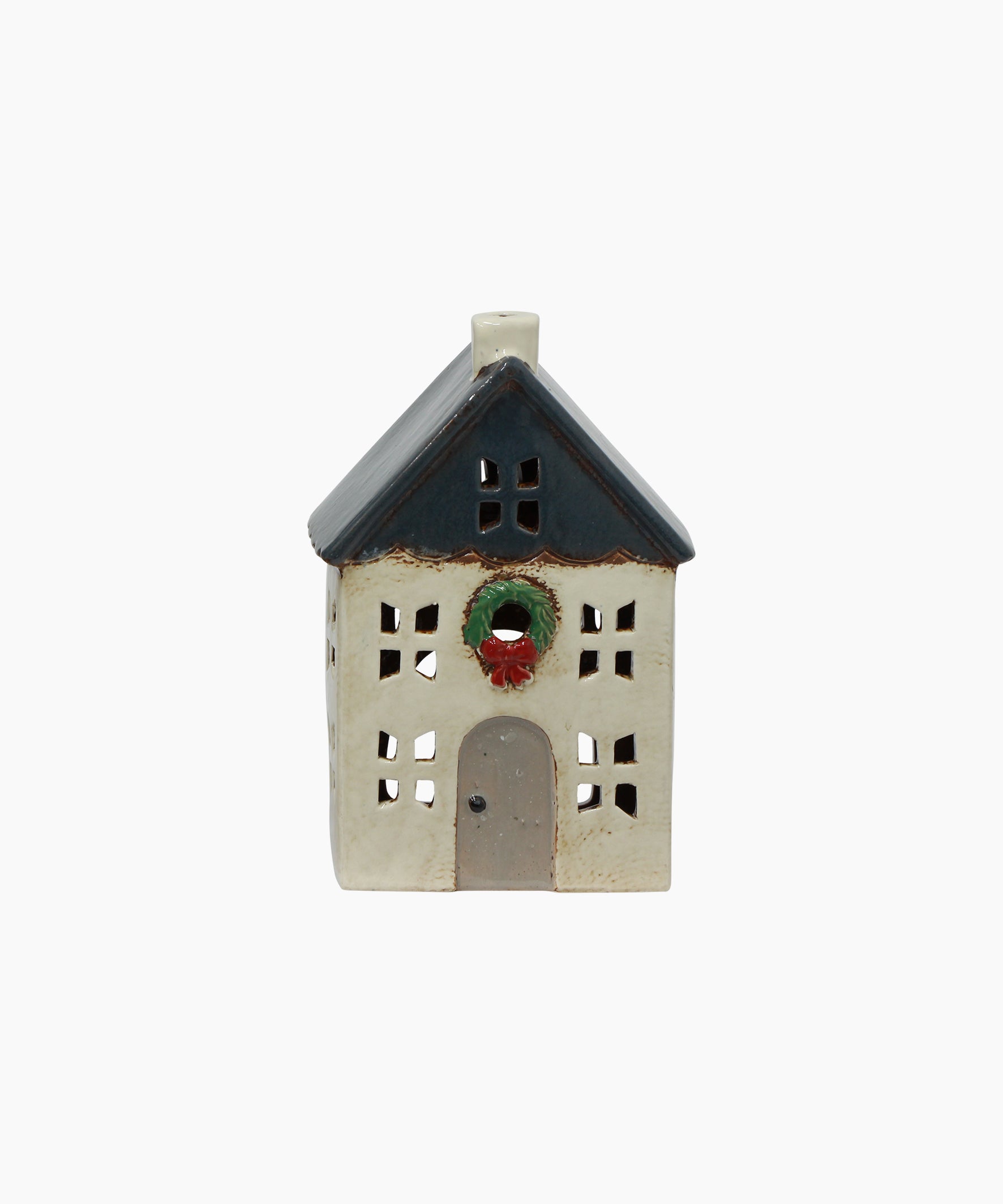 Christmas Tea Light House Blue with Wreath Small YA0084